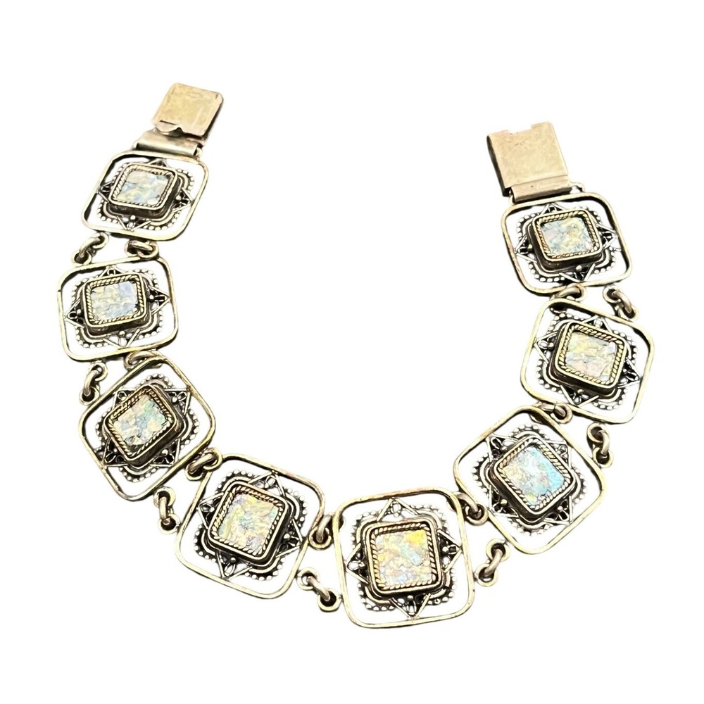 Vintage Roman Glass Bracelet Womens 925 Silver Filigree Iridescent Square Link
